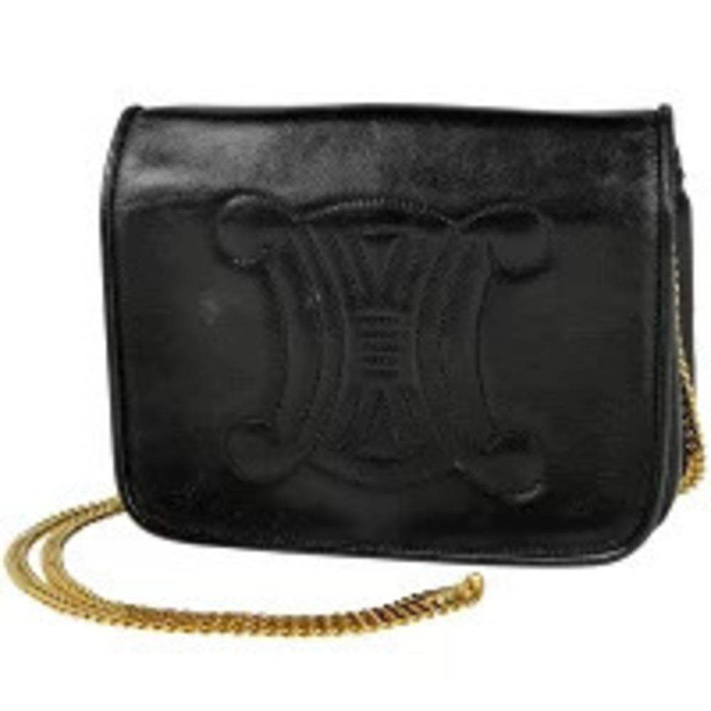Celine Triomphe Chain Shoulder Bag Embroidered Crossbody Leather Black